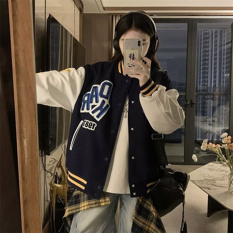 A536-P88秋季港风上衣加厚皮袖双层内里棒球服学院风男女同款,女装职业装,星座911