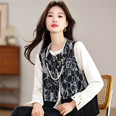 现货春季新款新中式立体花卉剪裁拼接圆领洋气缎面衬衫两件套装女，女装套装/套裙，宝儿家