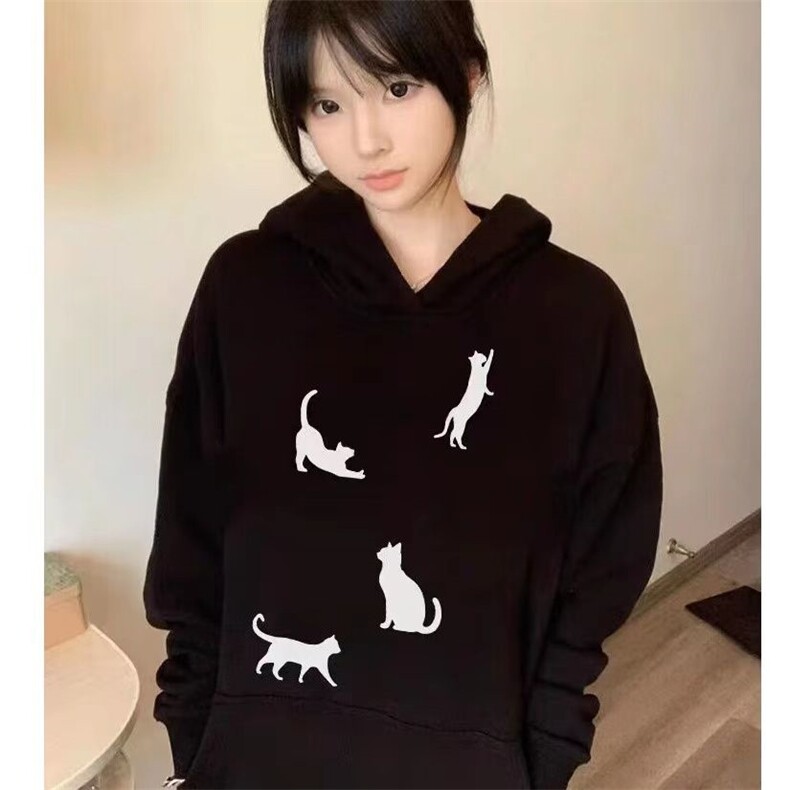 C0239-P55猫咪印花连帽卫衣女黑色简约宽松学生上衣外套男女款,女装卫衣/绒衫,星座617A-2