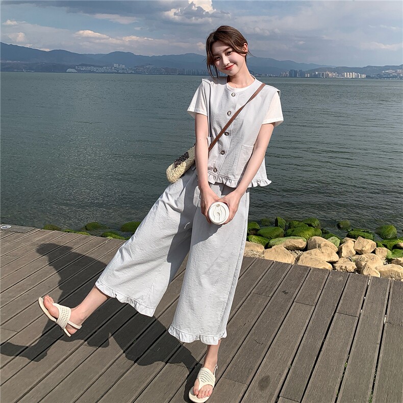 韩版现货休闲时尚设计感下摆木耳边套装套裤女潮182-8699P155K228，女装套装/套裙，帛香坊