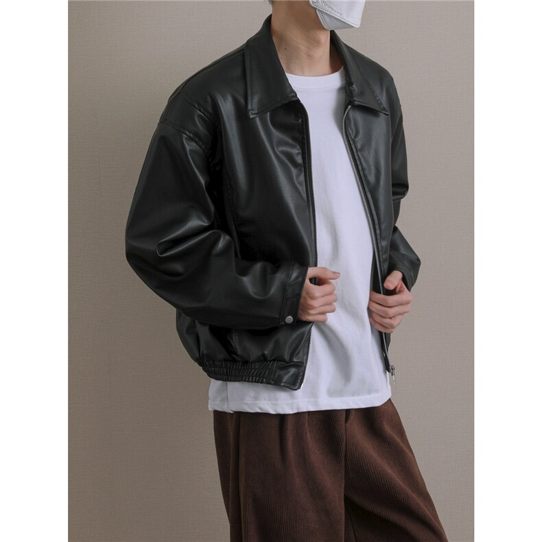 W639-P66痞帅Pu皮衣小众设计感潮牌双拉链垫肩皮夹克男机车服,男装皮衣,电商B323A