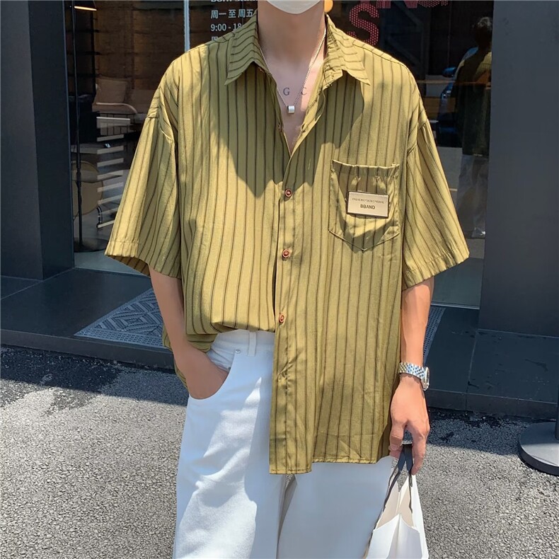 衬衫男韩版潮流短袖条纹贴标帅2026夏季新款ins宽松外套CY384-P36,男装T恤,星座412