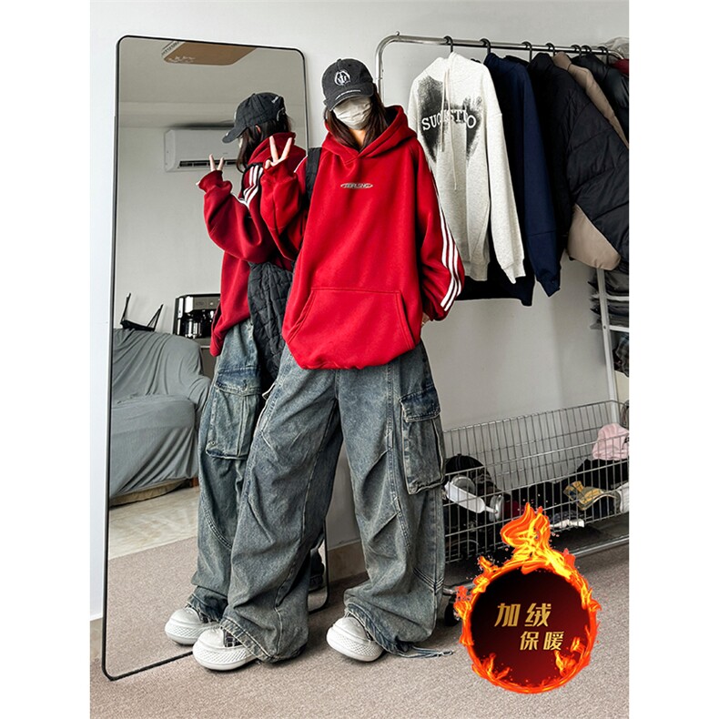 抖音得物供货提供视频秋冬重磅美式宽松织带连帽卫衣0609,男装卫衣,电商A486
