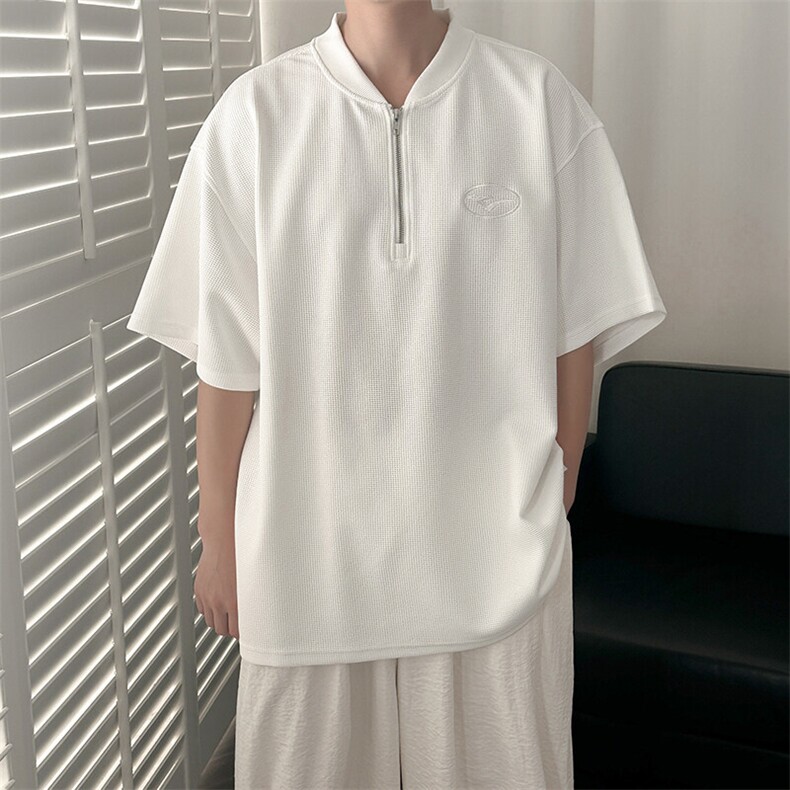 现货-夏季新品华夫格拉链短袖男潮牌百搭宽松T恤-AT23008-P55，男装T恤，电商A351