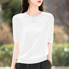 针织天丝圆领短袖t恤女2025新款夏微透薄款百搭凉感半袖体恤上衣，女装针织衫/毛衣，鹿一羊绒