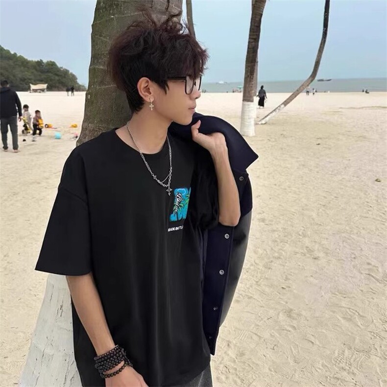 万针全刺绣工艺抖音得物高品质260克重磅纯棉双纱美式高街短袖T恤,男装T恤,电商A486-1