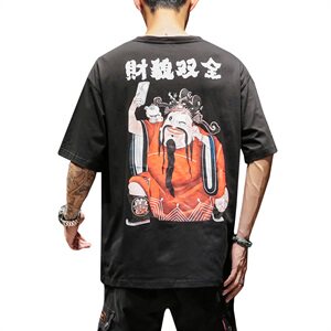20春夏新款日系黑墙潮流韩版宽松鲨鱼印花男装圆领T恤T89-P35图片
