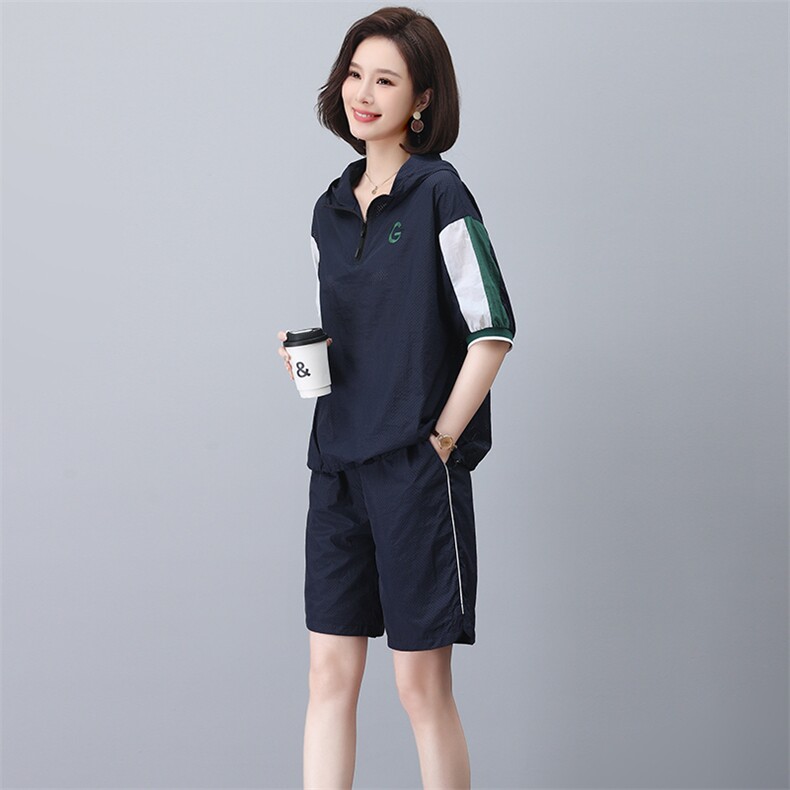夏季短袖短款套装女2023新款洋气减龄连帽上衣宽松休闲时尚两件套,女装套装/套裙,忆绮罗