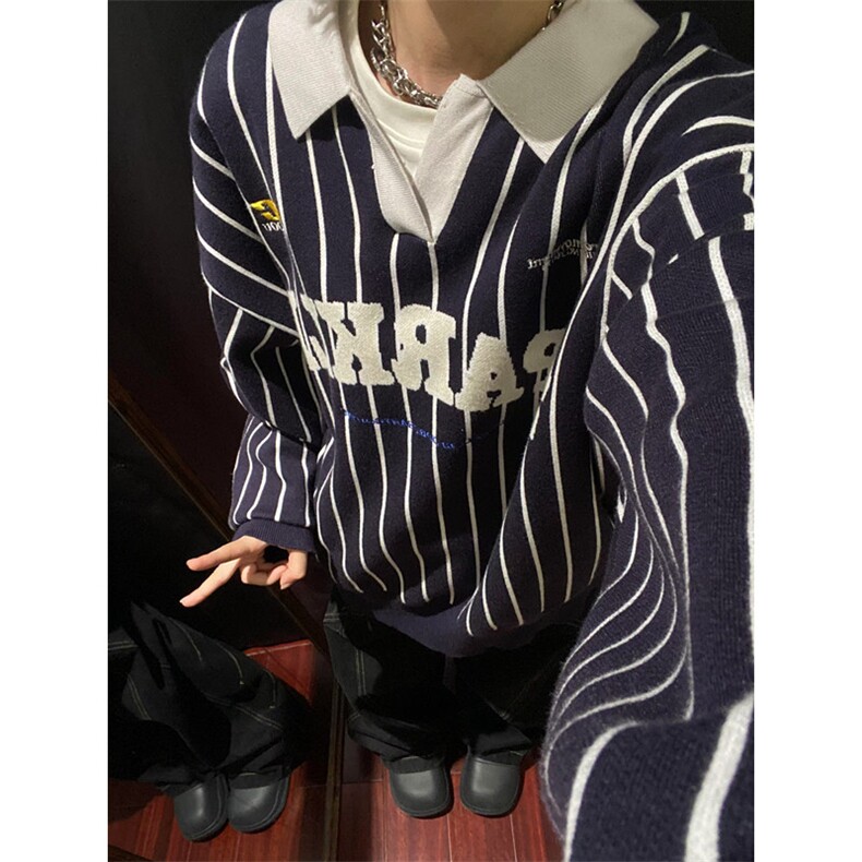 美式日系复古运动风条纹毛衣男女秋字母印花上衣M6031,男装针织衫/毛衣,星座1116A（原606A-3）