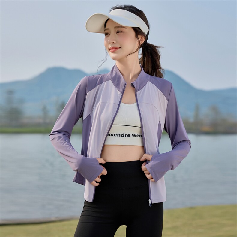 夏季冰丝透气户外防晒衣女2025新款时尚拼色修身瑜伽防晒服薄外套,女装防晒衣,悦祺