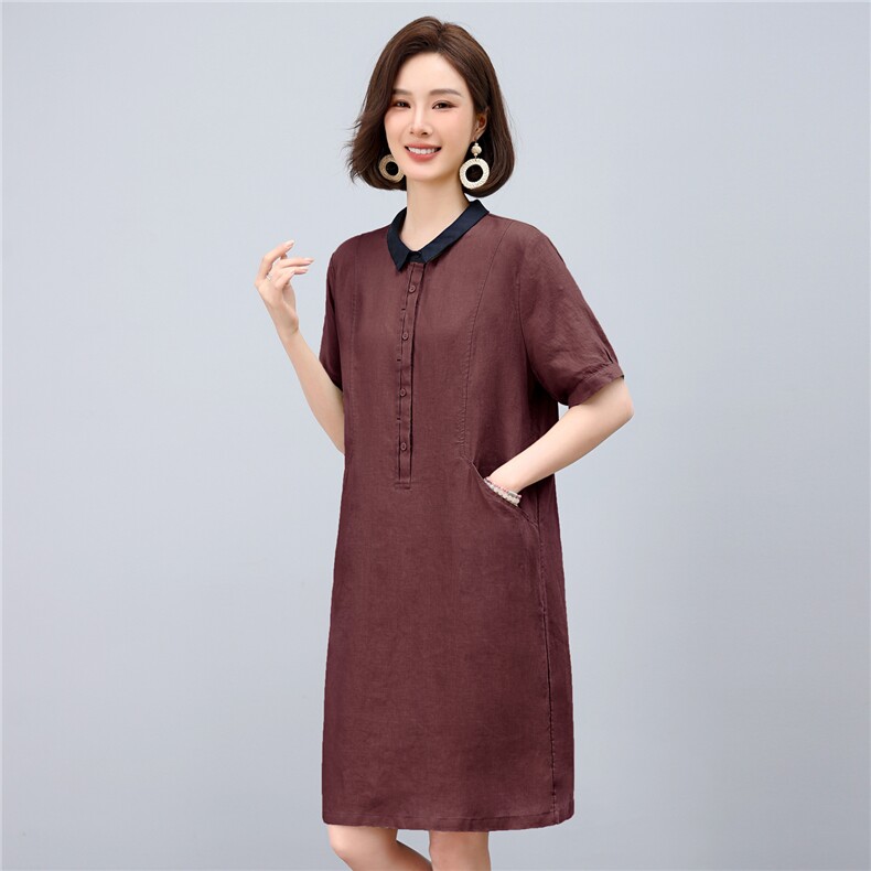 2025年夏季优雅气质天丝亚麻小翻领半开时尚休闲连衣裙,女装连衣裙,依恋蒂丝