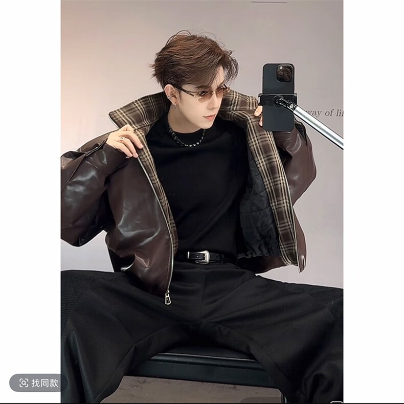 秋冬复古格子拼接机车皮衣夹克外套男潮JK2377-P145（网图）,男装夹克,电商B267