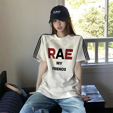 抖音得物品质二开240克宽松纯棉美式潮牌印花三条杠中性风短袖T恤，男装T恤，电商A486-1