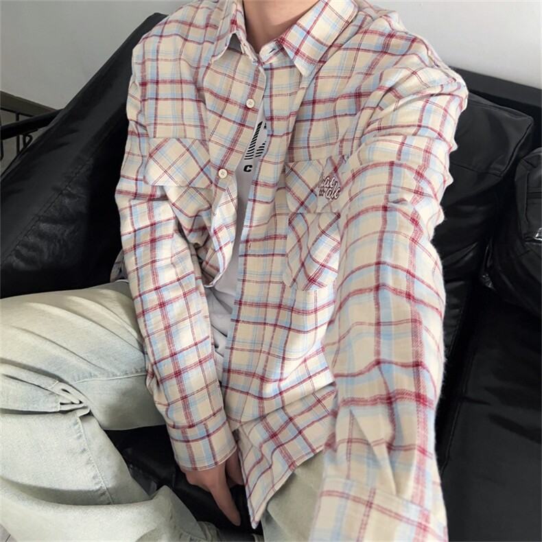 S28-P38日系复古格子拼色长袖衬衫,男装衬衫,星座1501-1