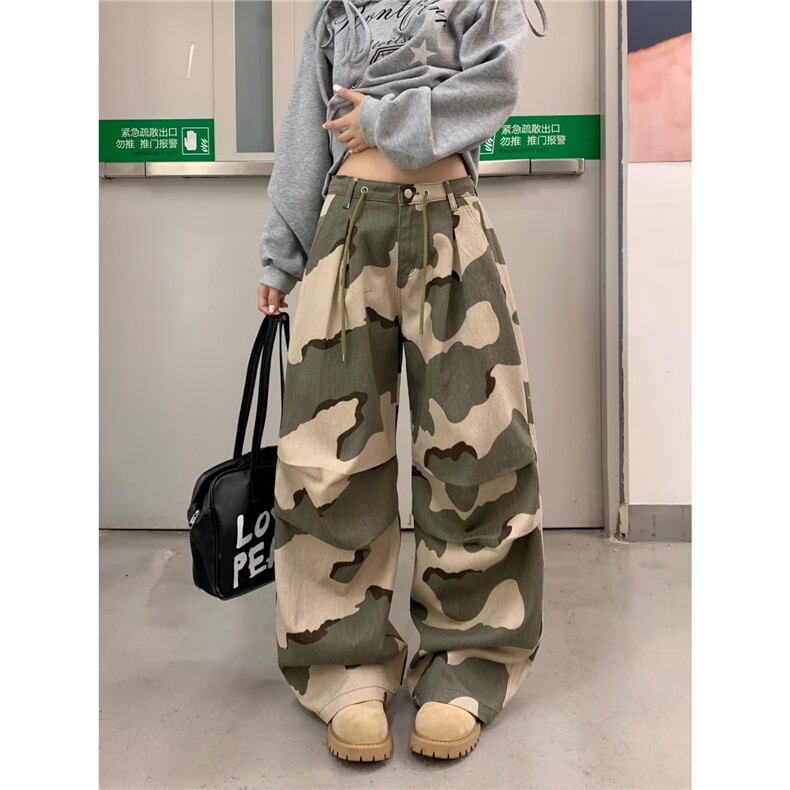 复古迷彩工装裤男女潮牌宽松直筒休闲长裤高街牛仔裤LB31422-P53图片