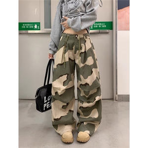 复古迷彩工装裤男女潮牌宽松直筒休闲长裤高街牛仔裤LB31422-P53图片