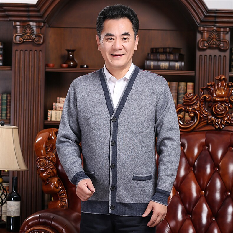 2024秋冬新款中老年男款V领纽扣拼接开衫，男装羊绒开衫，衣恋羊绒