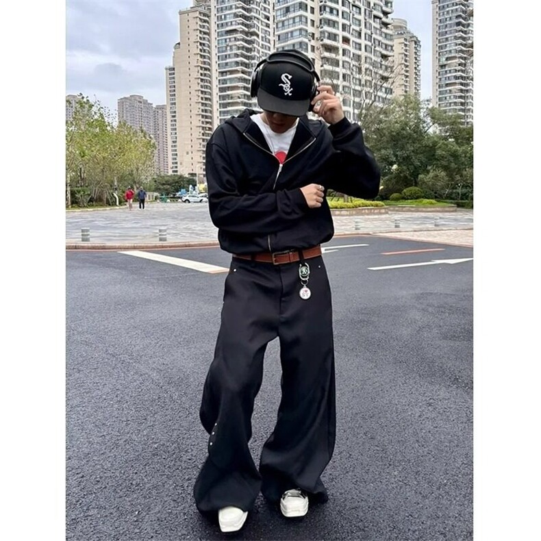 美式铆钉解构弯刀休闲裤男女小众高级感阔腿直筒廓形西裤KD802,男装西裤,星座1116A（原606A-3）