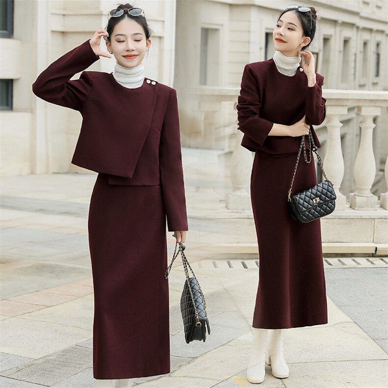 红套装女2024新款秋冬装高级感一整套穿搭盐系轻熟两件套裙图片