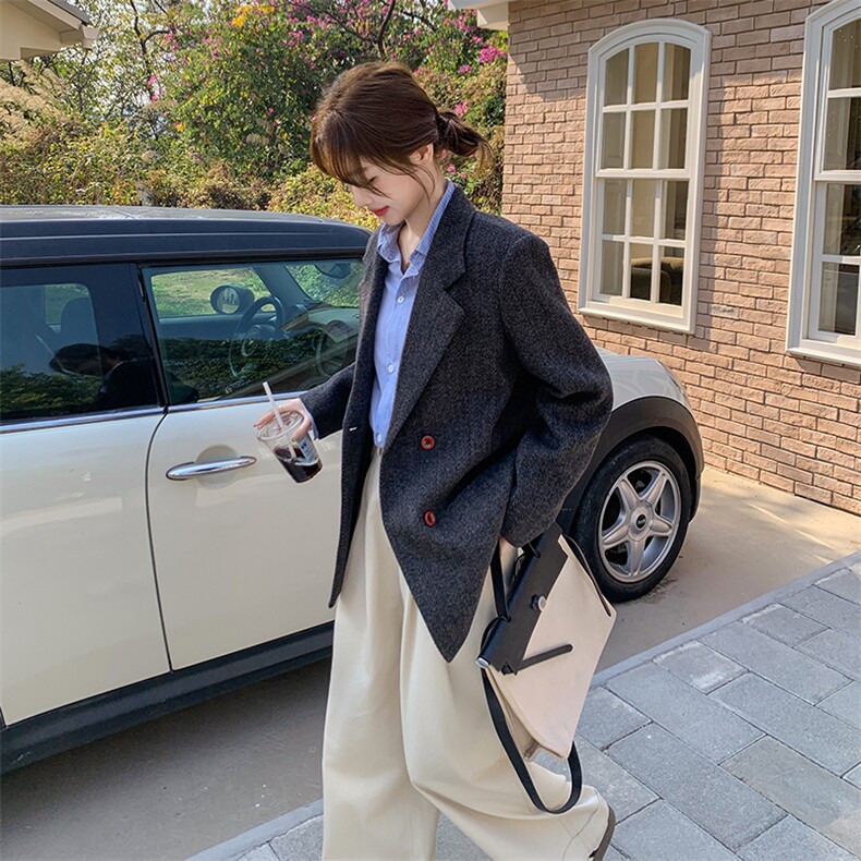 灰色西装外套女2025春季新款复古设计感韩系气质休闲百搭通勤西服,女装短外套,2C262