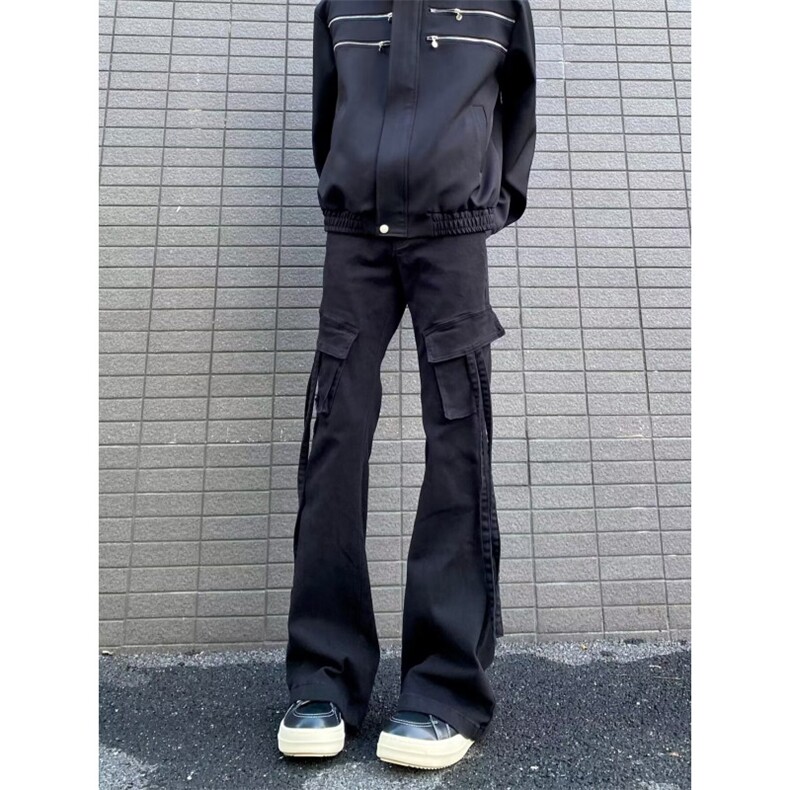 美式高街复古黑色飘带男女百搭微喇工装牛仔裤S6650P39，男装牛仔裤，星座1112-1