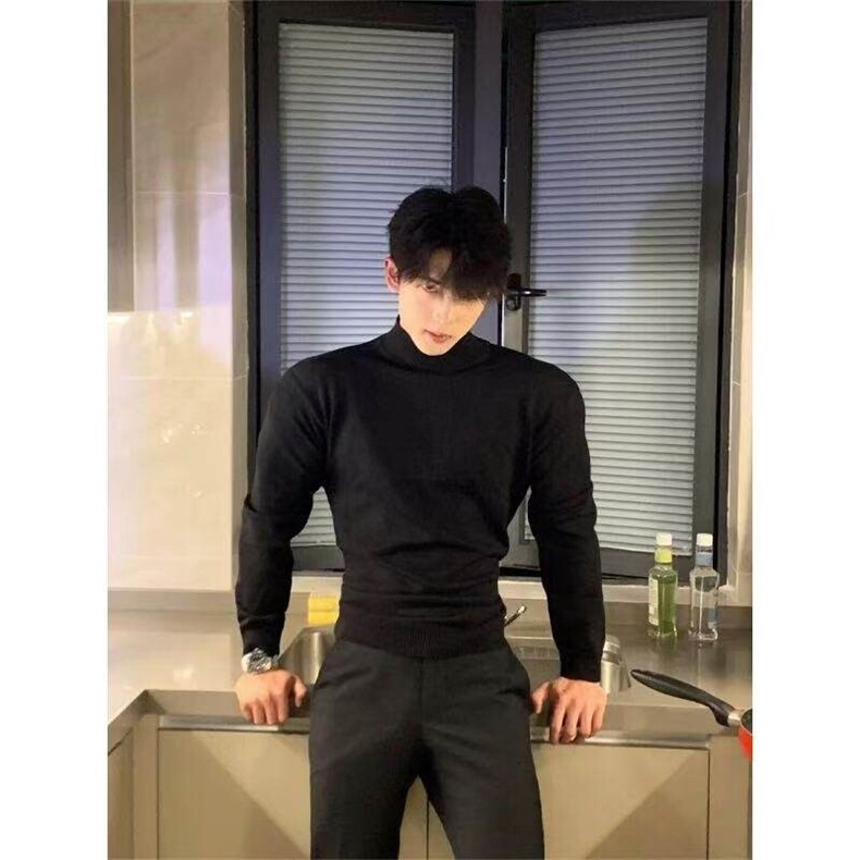 黑色半高领德绒打底衫男款冬季正肩修身内搭长袖t恤保暖加绒卫衣，男装针织衫/毛衣，电商D256-2(原A064-2)