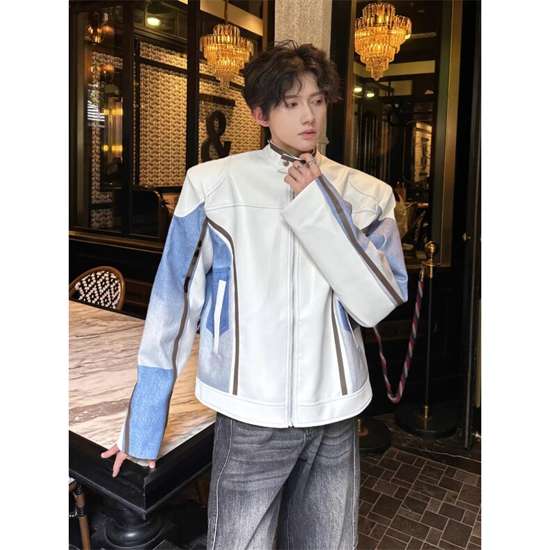 立领拼接赛车服皮夹克垫肩PU皮衣外套JK8571特P74,男装皮衣,星座908-1