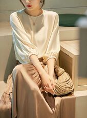 高级感真丝衬衫上衣女九分袖通勤夏季松紧蝙蝠袖套头桑蚕丝小衫，女装针织衫/毛衣，恒旺羊绒