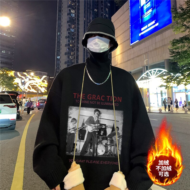 特批 港风夜景个性人物印花宽松高领毛衣M971 P45 加绒P60控88图片