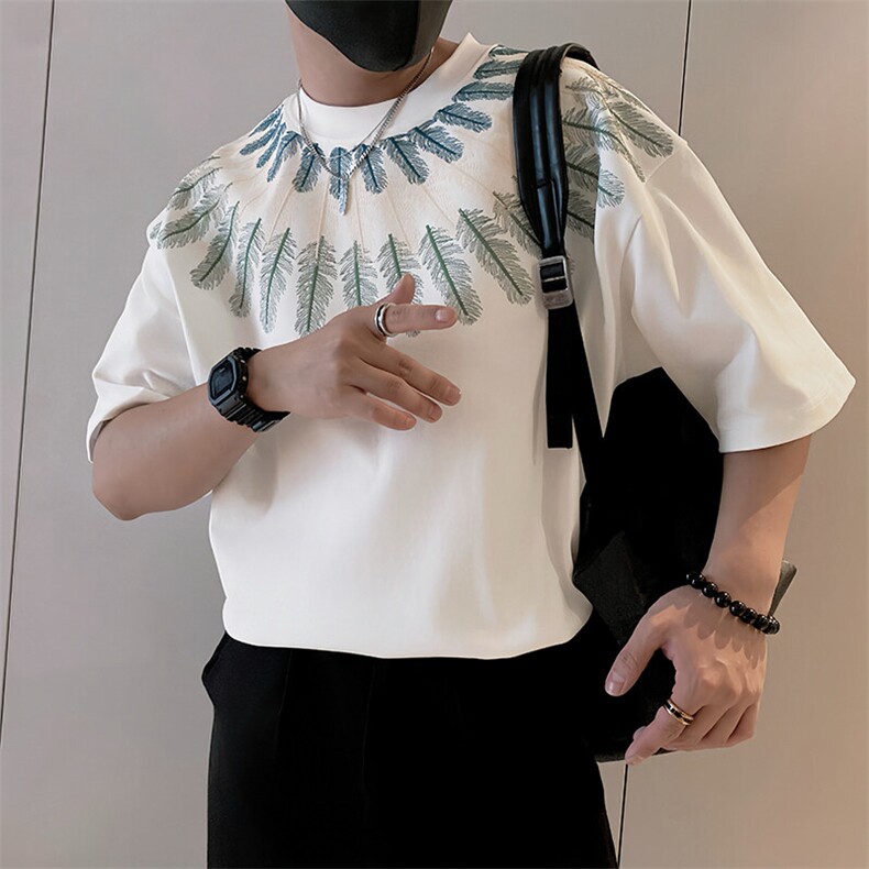 8963/特P68控98夏季痞帅小伙复古重磅刺绣风短袖T恤男上衣白首,男装T恤,星座305B