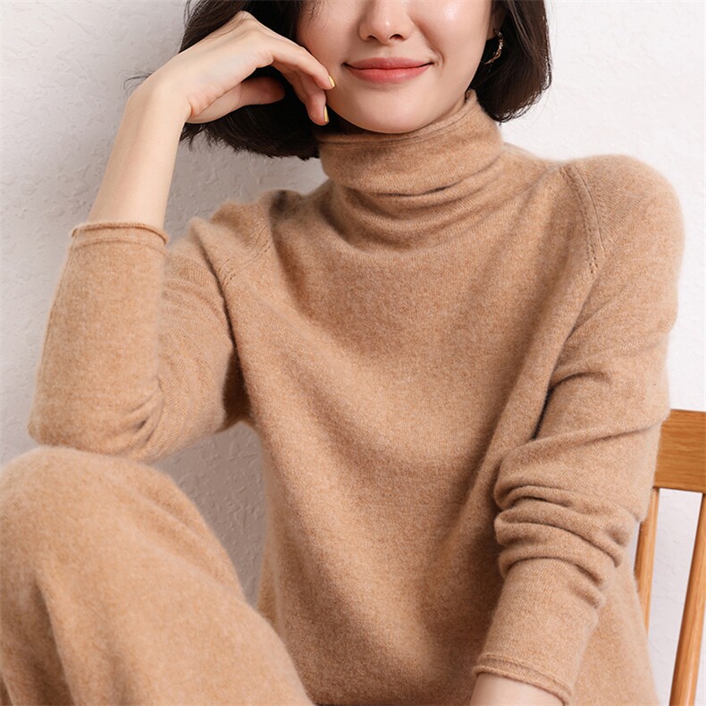 高领毛衣女洋气羊绒衫秋冬季宽松纯色简约堆堆领打底衫,女装羊绒衫,五色羊羊绒