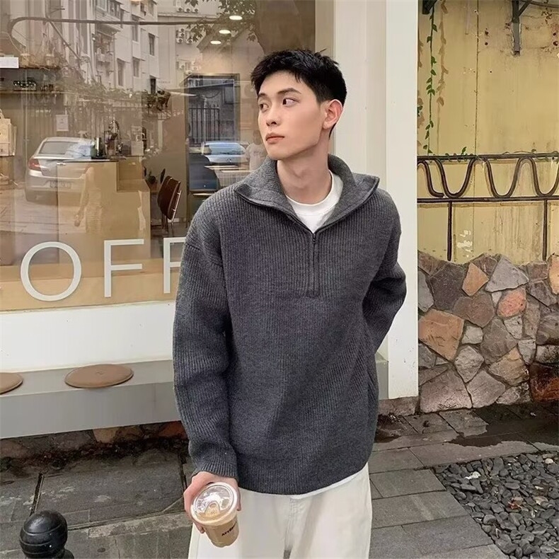 半开领拉链羊毛衫男套头翻领宽松慵懒风毛衣针织打底衫显瘦AM128,男装T恤,星座516A