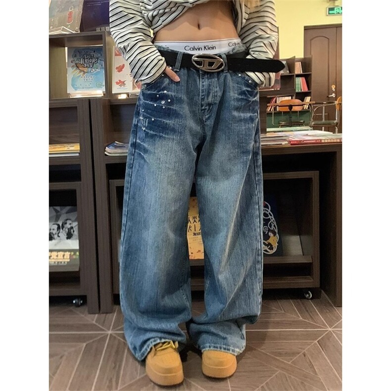 铆钉水洗闪电低腰直筒牛仔裤女秋季水洗做旧宽松阔腿裤子潮NZ22,男装牛仔裤,星座516A