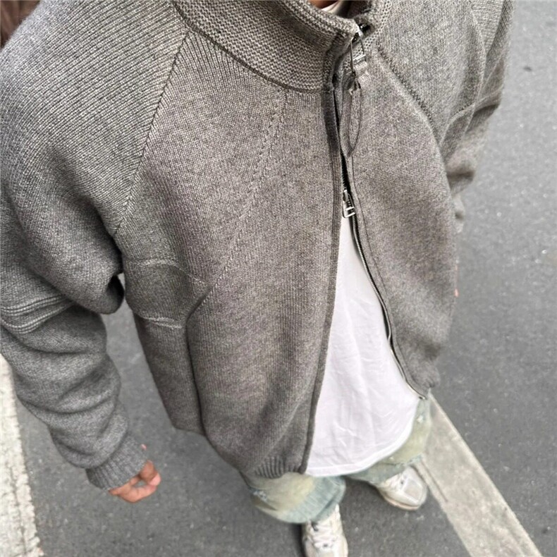 【有货】DM034-P65秋冬慵懒风简约重磅拉链休闲宽松毛衣针织开衫图片
