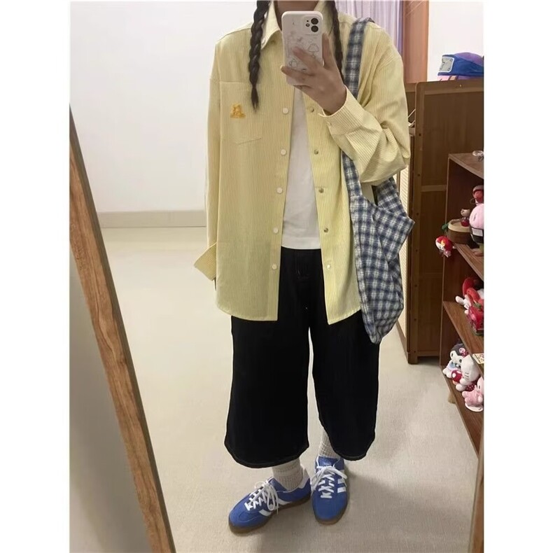 X05-P37美式复古黄色条纹衬衫女2025夏季小狗刺绣防晒外套,男装防晒衣,电商B323A