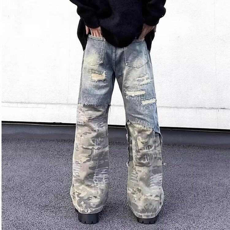 美式高街水洗重工牛仔裤男潮牌小众拼接宽松做旧阔腿裤,男装牛仔裤,星座506A