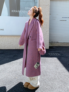 紫色双面呢羊毛大衣女冬高级感长款毛呢西装外套图片