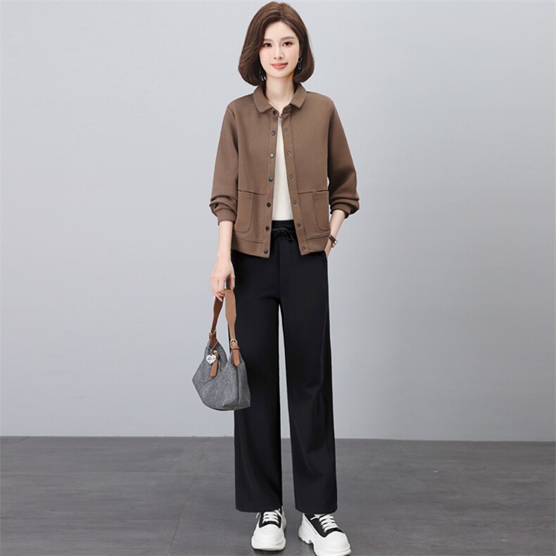 春秋新款时尚两件套装女休闲宽松卫衣多扣开衫直筒裤中老年妈妈装，女装套装/套裙，璐依舞