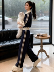 时尚休闲运动套装女秋新款洋气显瘦短款拼接撞色外套阔腿裤两件套，女装套装/套裙，江南