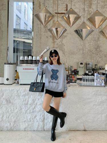 刺绣小熊牛仔拼接针织卫衣，女装卫衣/绒衫，转角爱尚