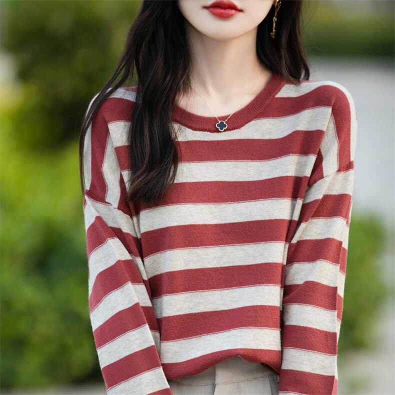 时尚宽松条纹圆领长袖针织衫秋季百搭显瘦毛衣简约大气女款上衣,针织衫/毛衣,桦兴羊绒
