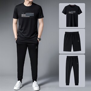 男士休闲运动套装夏季短袖长裤跑步运动服中年男装薄款三件套图片