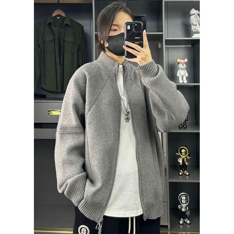简约百搭纯色重磅拉链休闲宽松毛衣美拉德针织立领开衫ZZS104P65,男装针织衫/毛衣,电商D256A(原A064A)