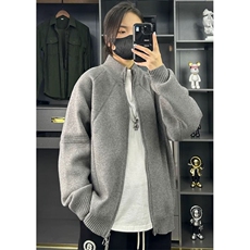 简约百搭纯色重磅拉链休闲宽松毛衣美拉德针织立领开衫ZZS104P65，男装针织衫/毛衣，电商D256A(原A064A)