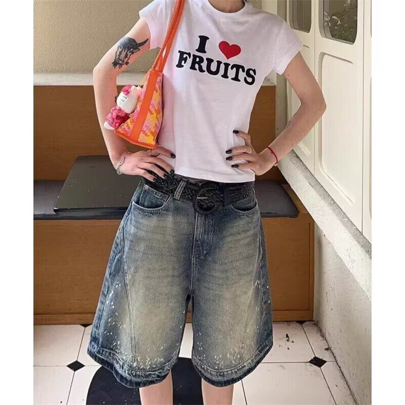 网络图美式复古泼墨直筒牛仔五分短裤男夏季新款宽松阔腿中裤潮,男装牛仔裤,星座410-7