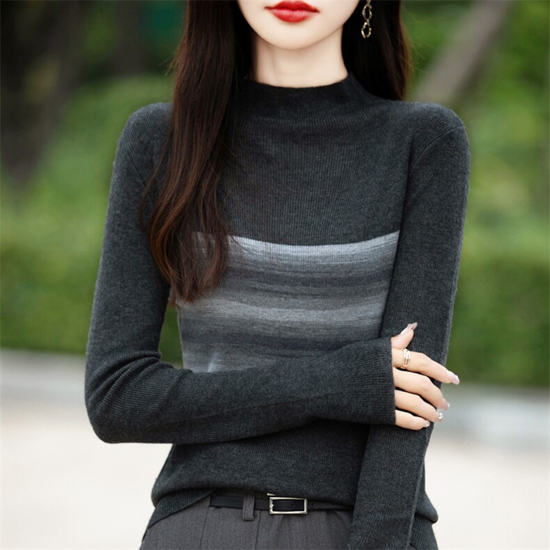 2025秋冬小众设计感半高领拼接百搭针织衫女修身显瘦内搭打底毛衣,针织衫/毛衣,暖姿羊绒