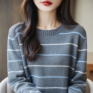 2025年秋季新款百搭女士条纹圆领长袖针织衫图片
