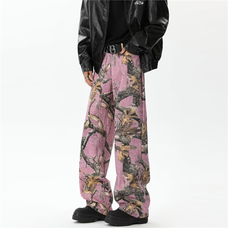 得物品质男牛仔裤涂鸦枫叶裤粉色树枝落叶迷彩直筒长裤N8190 P55图片
