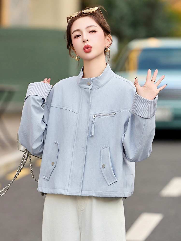 条纹袖口休闲短款蓝色外套女2026春秋新款小个子减龄百搭夹克上衣,女装短外套,美沁