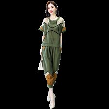 2021夏季新款时尚休闲圆领拼色套装，女装套装/套裙，橙子家